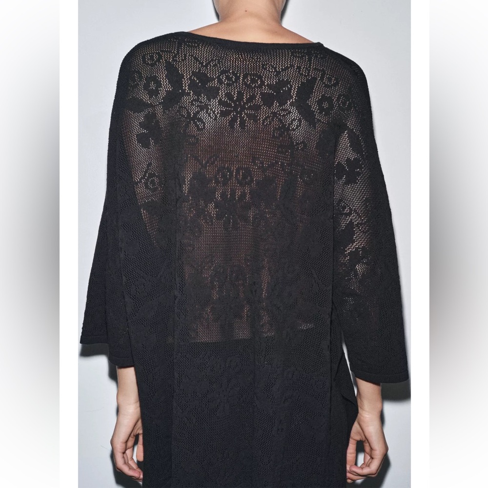 Zara NWT black oversized textured knit tunic top floral embroidery - coverup - Picture 4 of 10